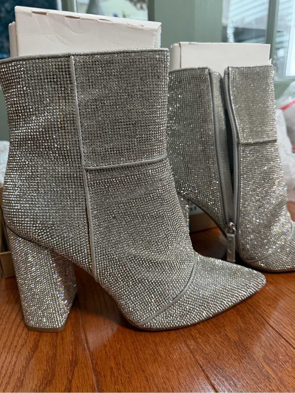 Steve Madden Silver Rhinestone Pointed Toe Block Heel Ankle Boots - Picture 3 of 10